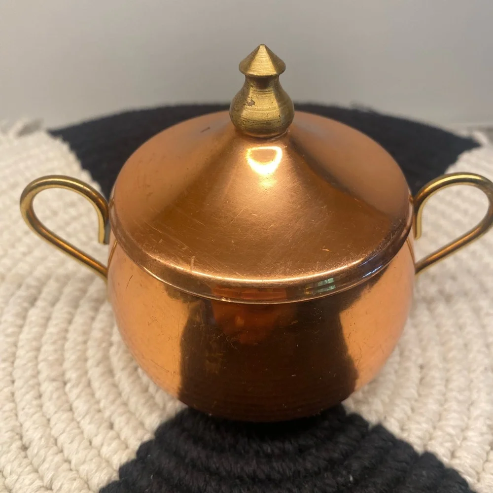 Vintage Copper Sugar Bowl with Brass Finial and Handles - Collectible